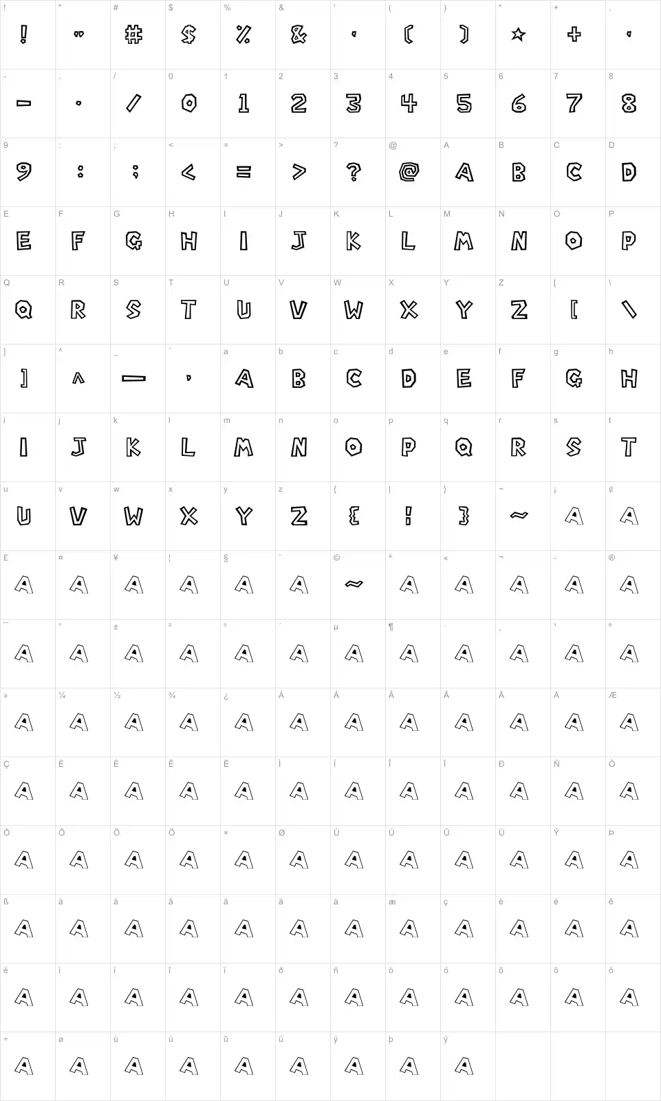 Mapa de caracteres da fonte Super Mario Bros.