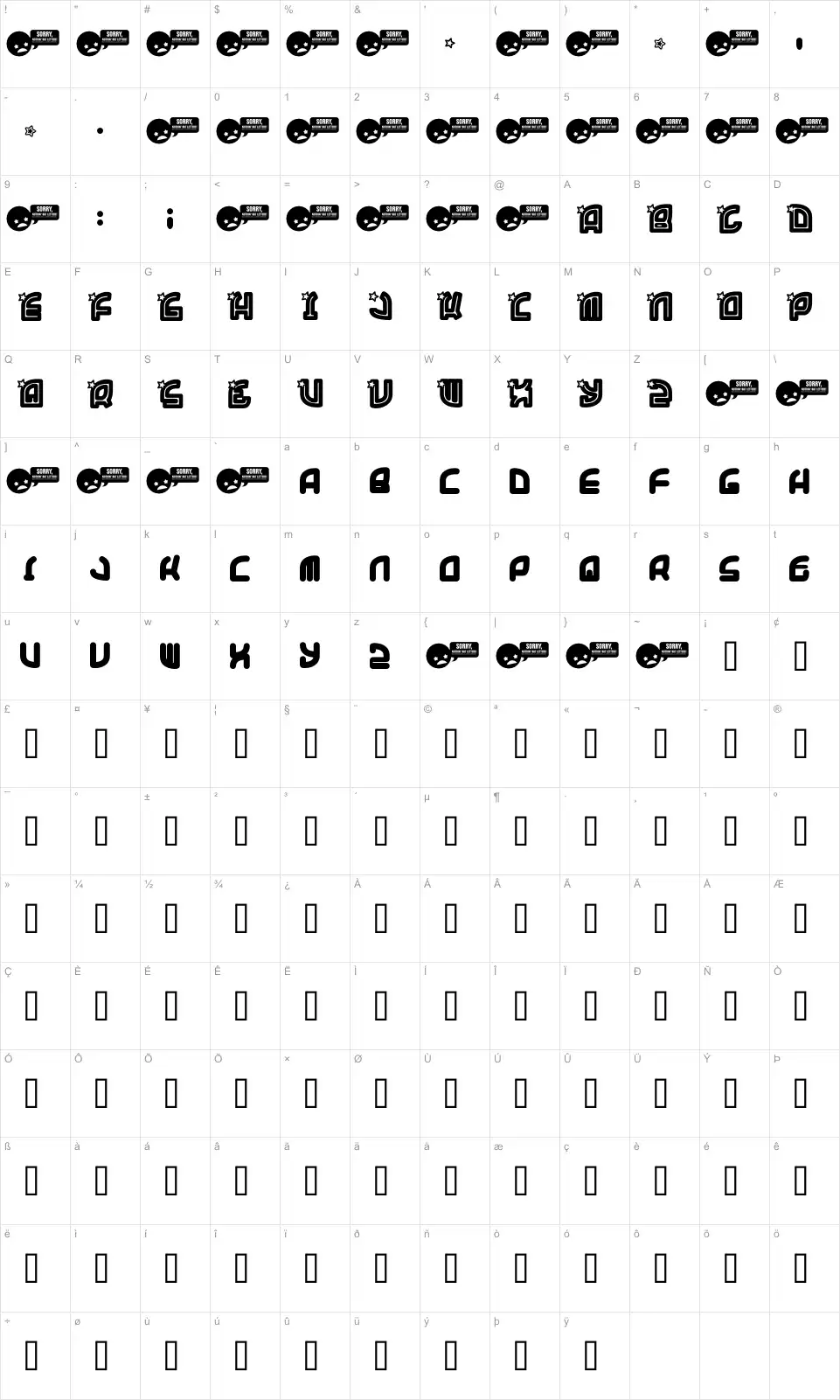 Mapa de caracteres da fonte Super Trooper