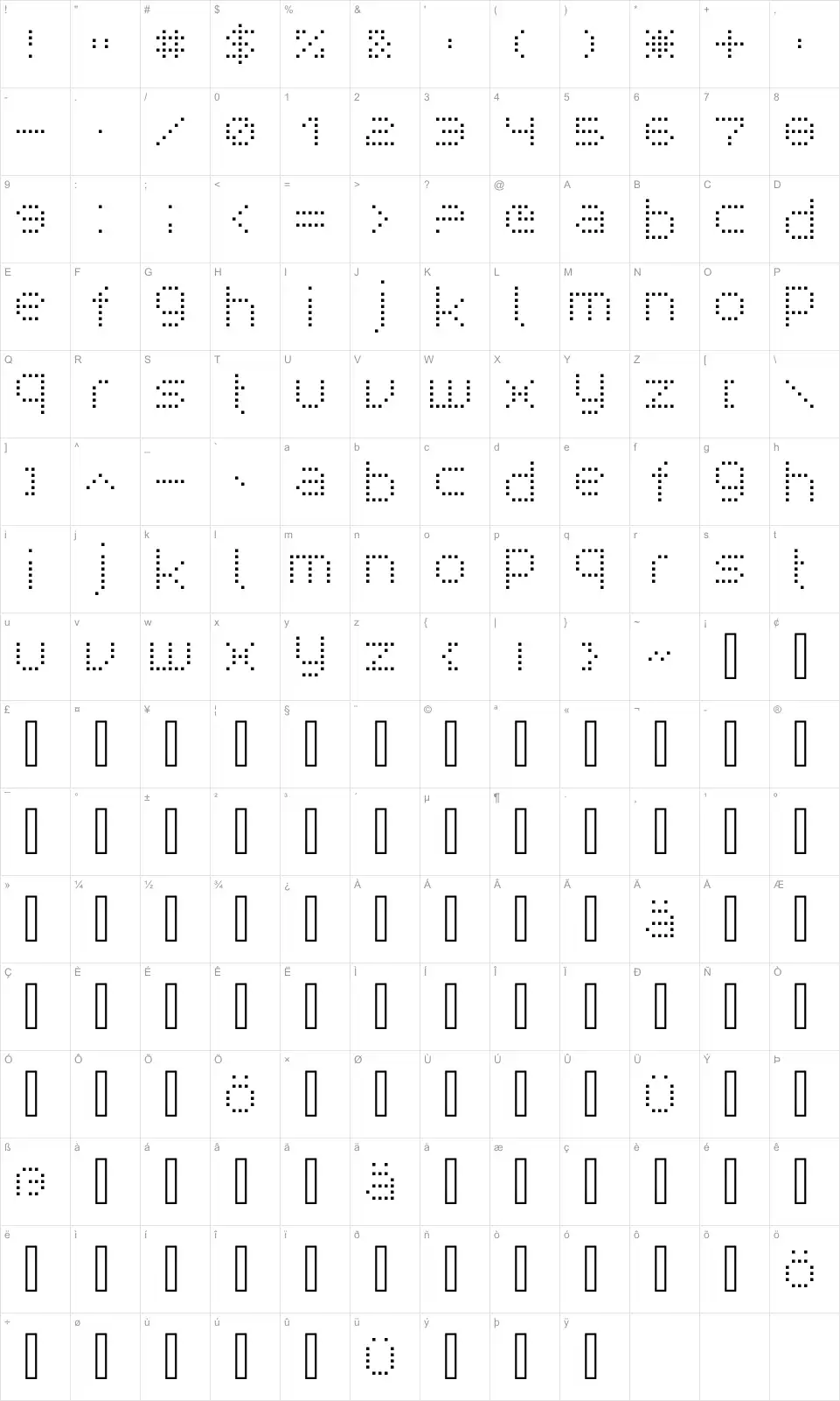 Mapa de caracteres da fonte Superpoint rounded + square