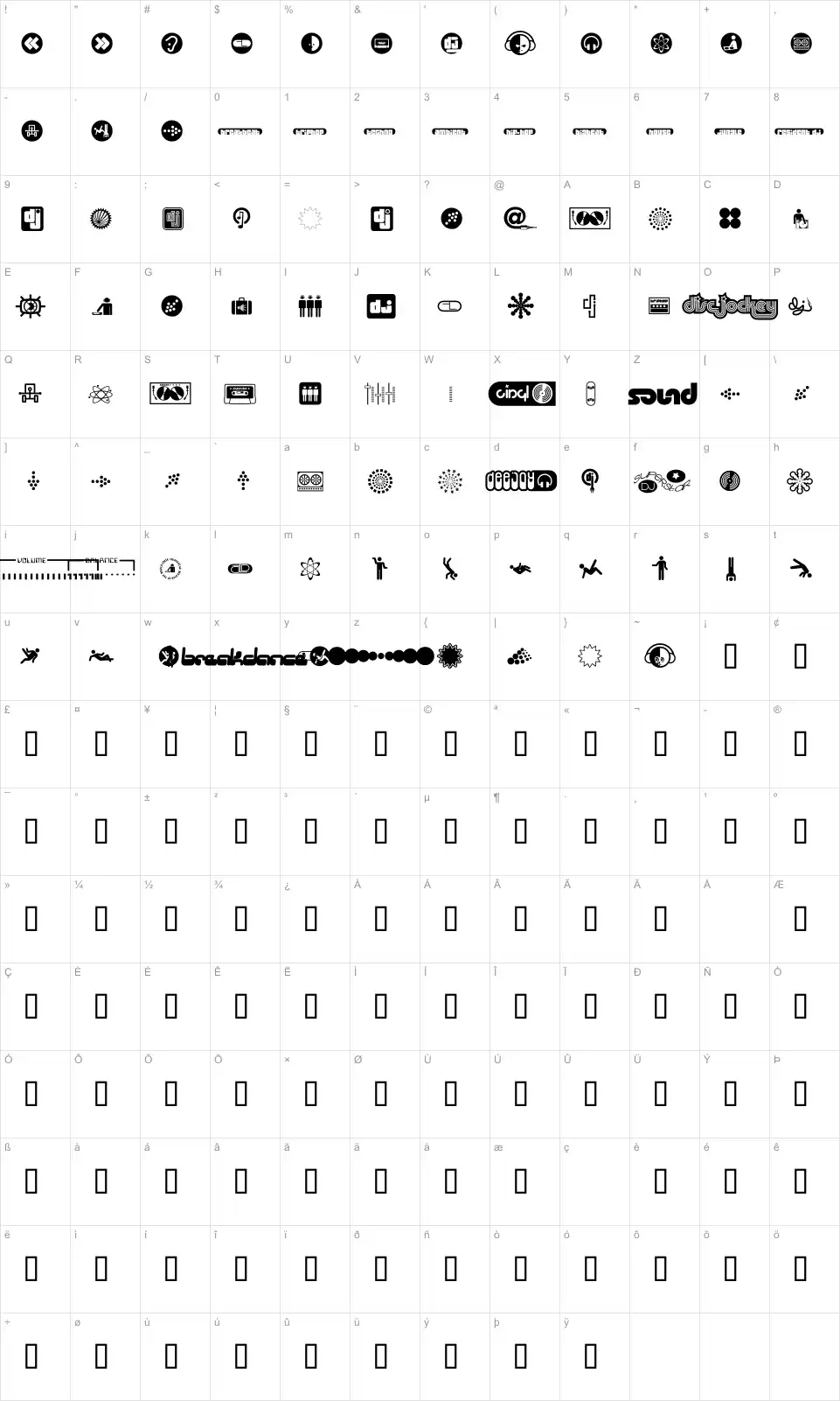 Mapa de caracteres da fonte Superstar DJ