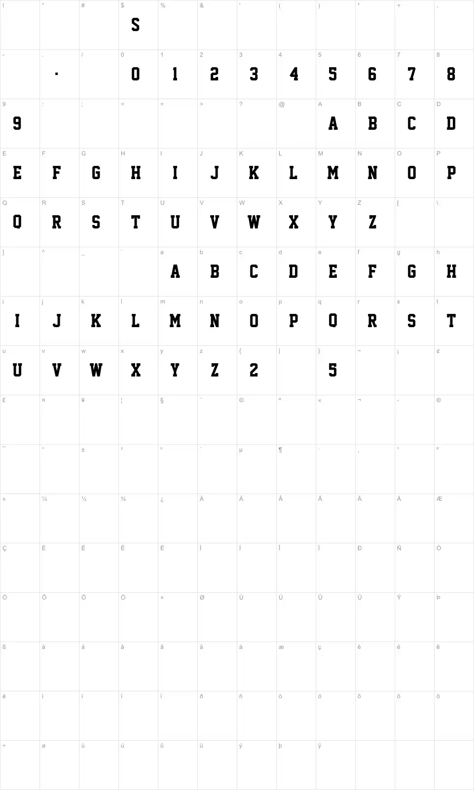 Mapa de caracteres da fonte Superstar M54