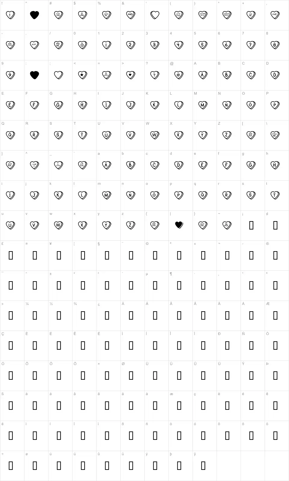 Mapa de caracteres da fonte Sweat Hearts BV