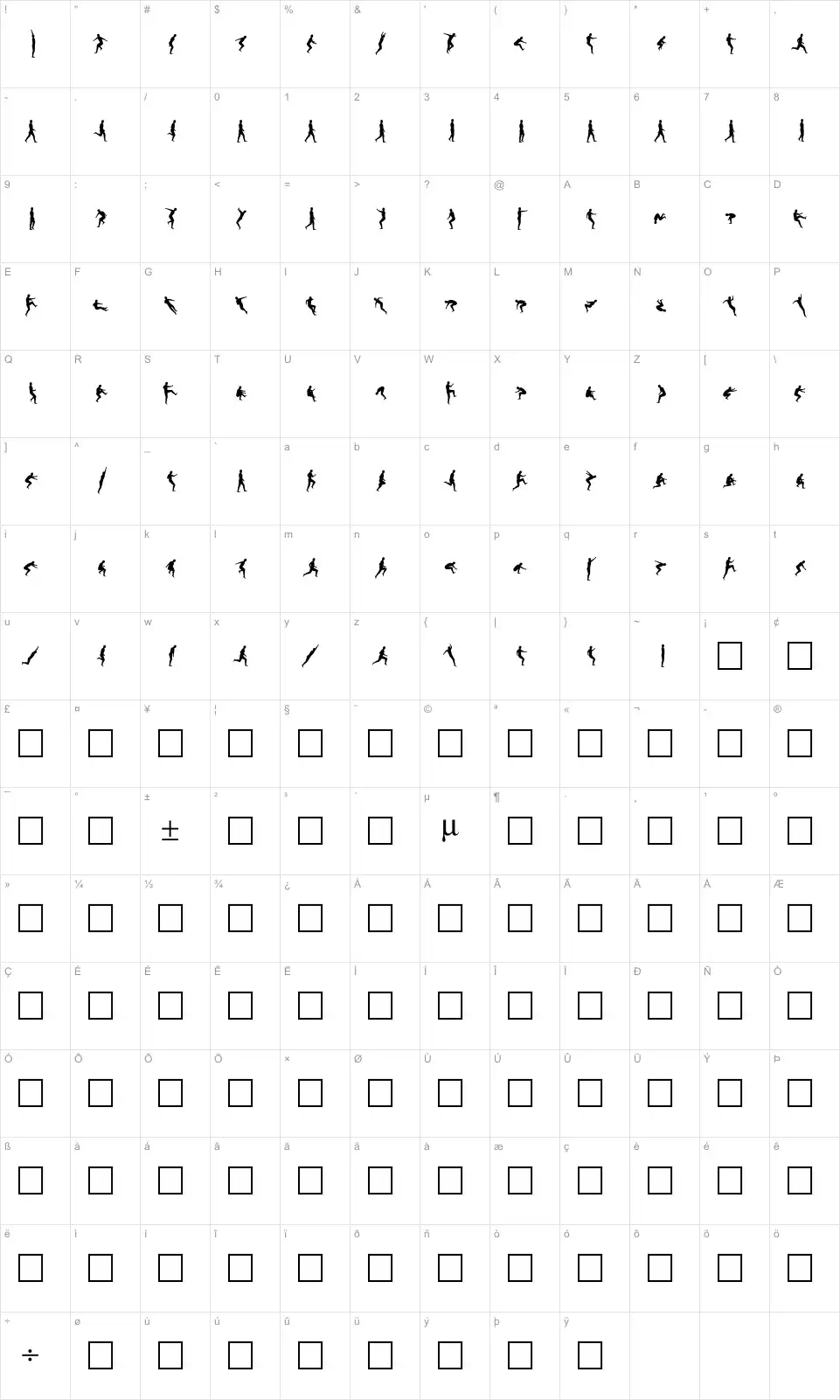 Mapa de caracteres da fonte Swifty