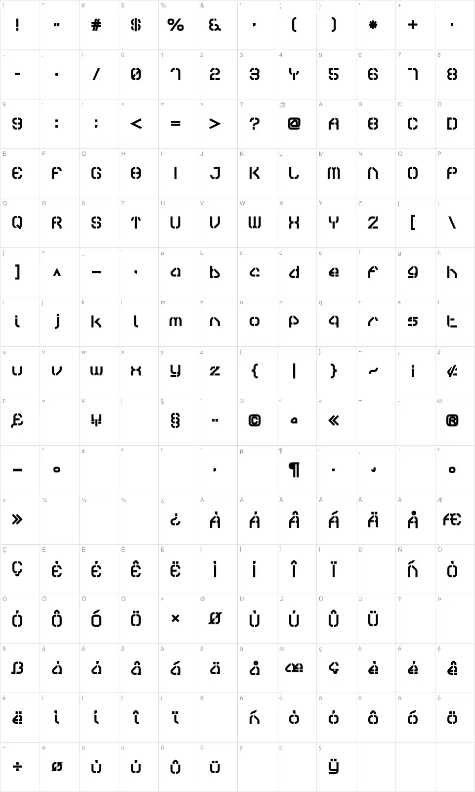 Mapa de caracteres da fonte Sylar Stencil