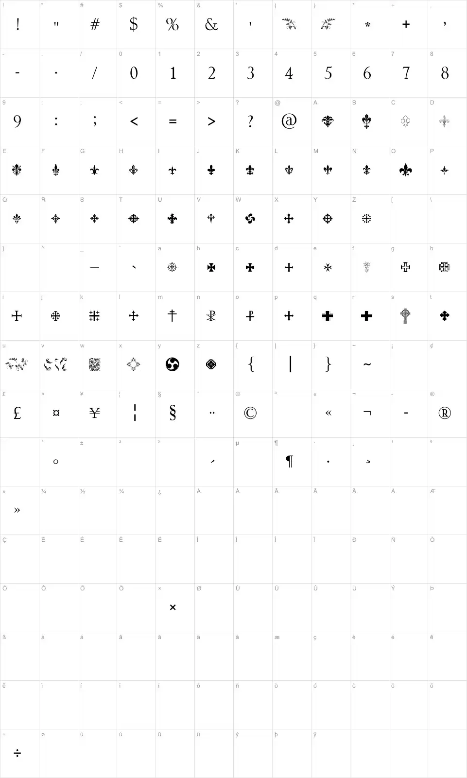 Mapa de caracteres da fonte Symbol Crucifix