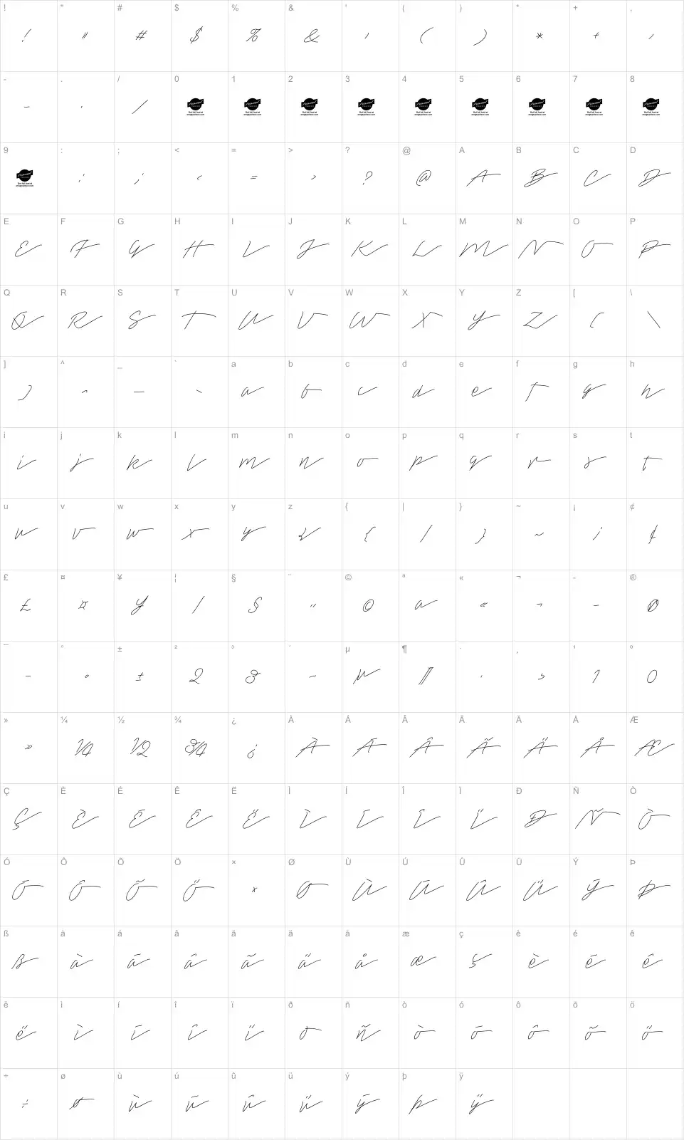 Mapa de caracteres da fonte Tamoro Script