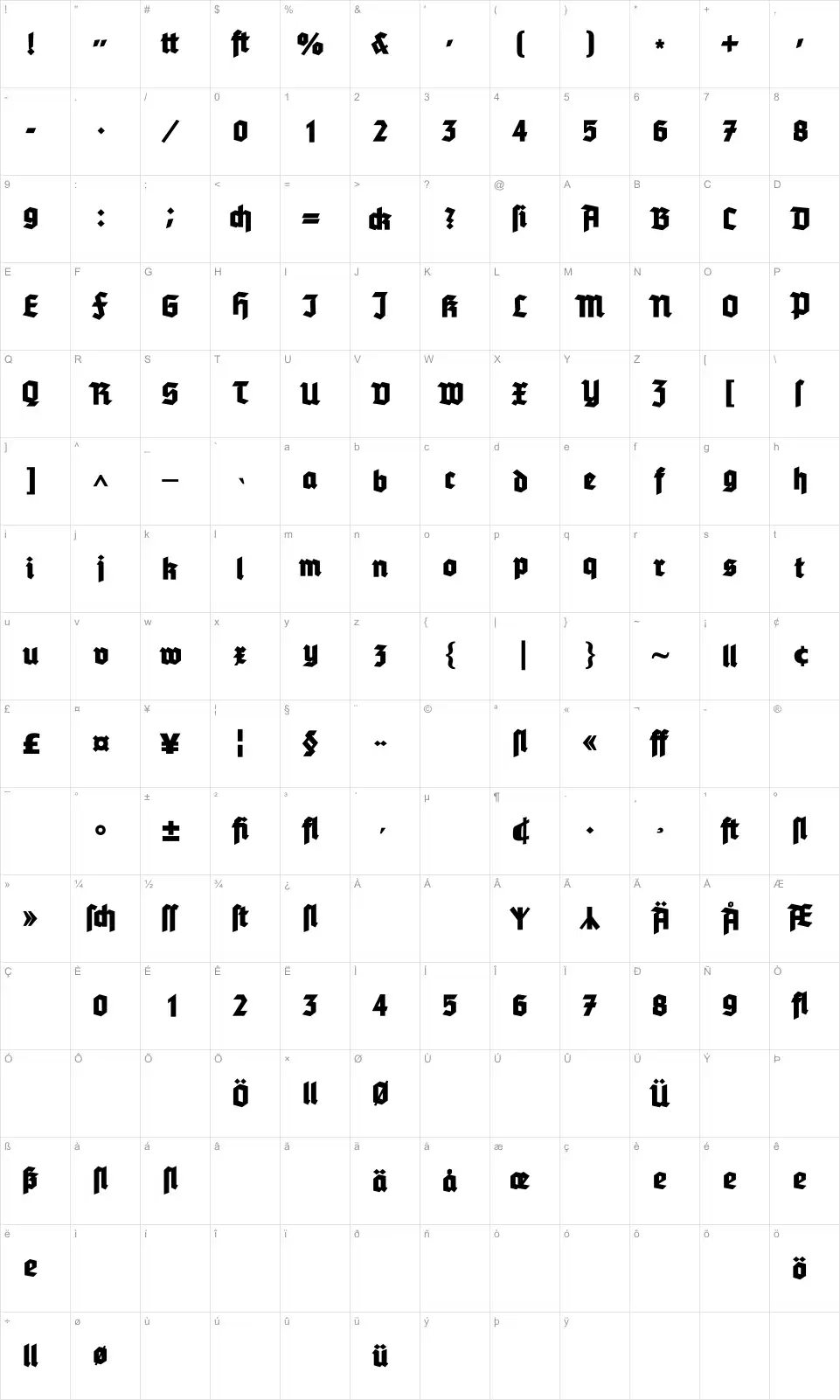 Mapa de caracteres da fonte Tannenberg Fett