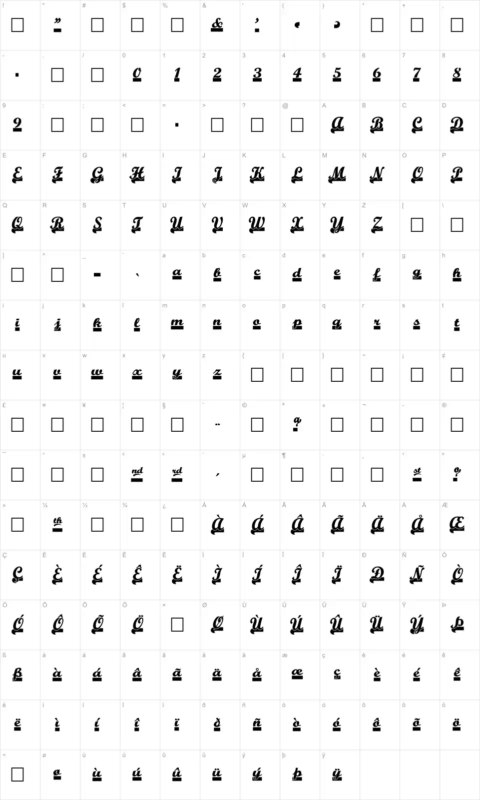 Mapa de caracteres da fonte Team Spirit