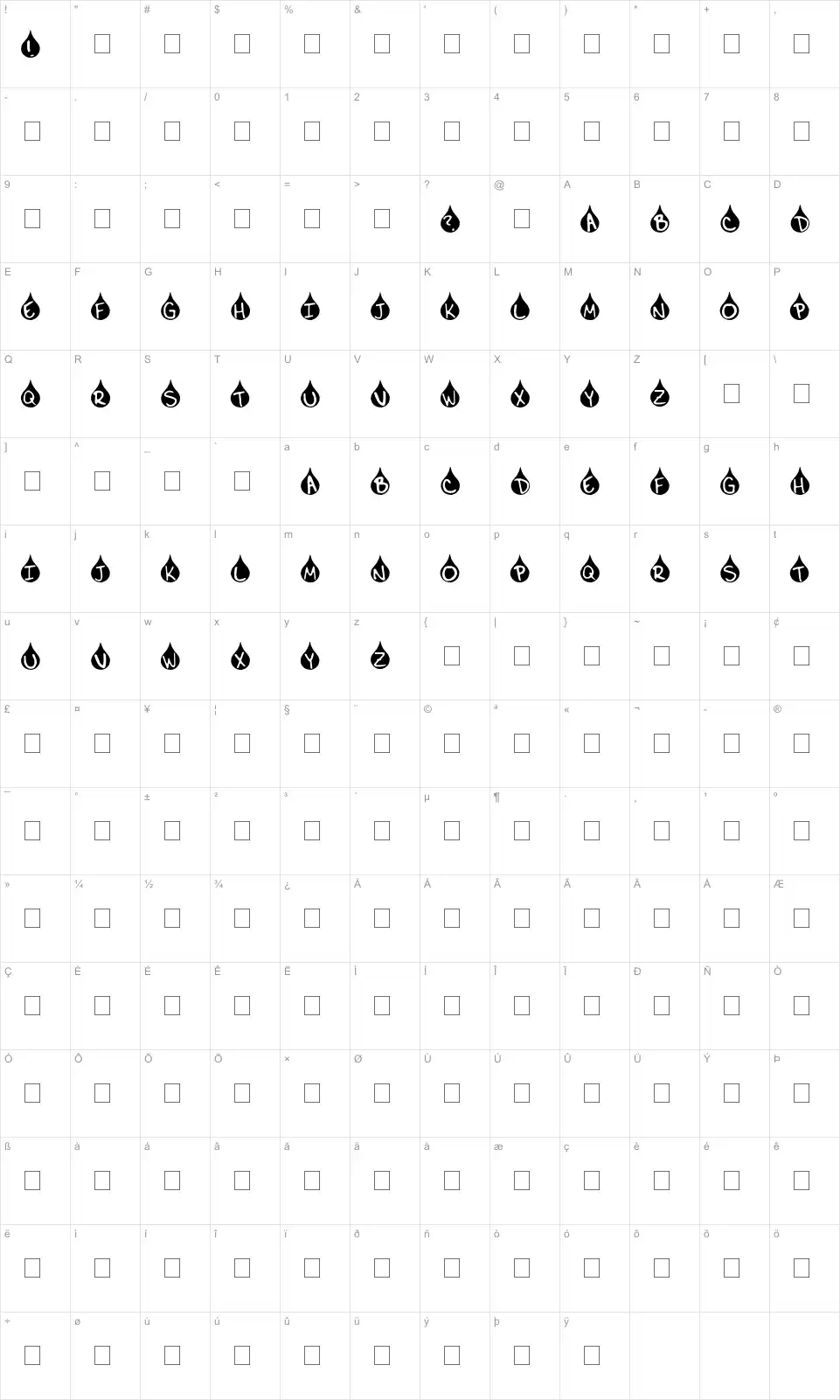 Mapa de caracteres da fonte Teardrop