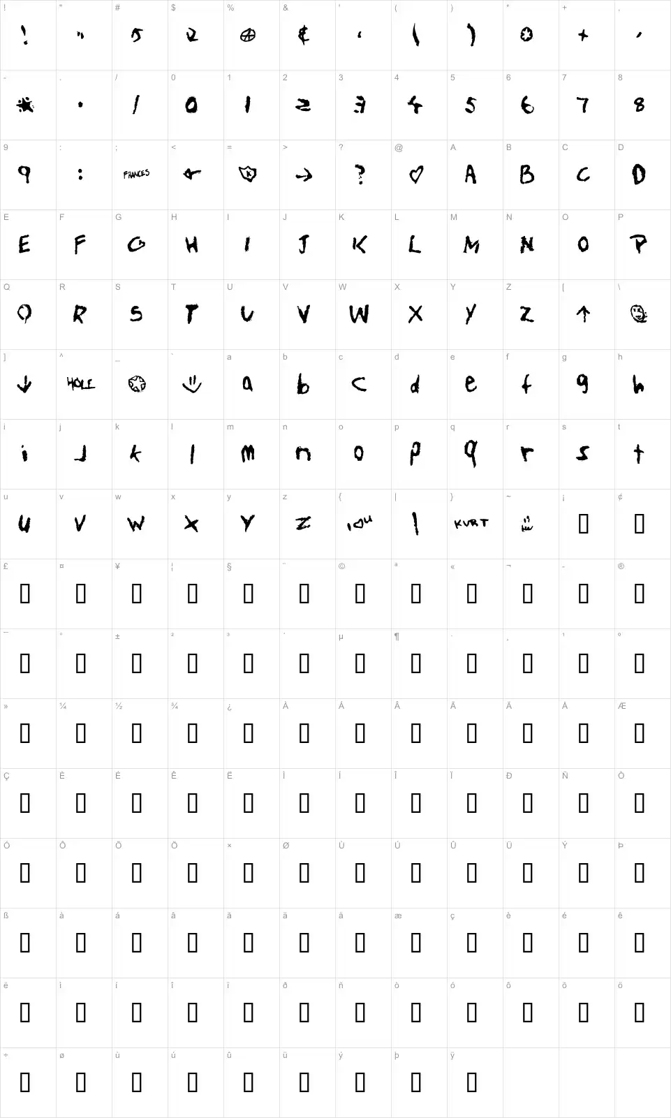 Mapa de caracteres da fonte Teen Spirit