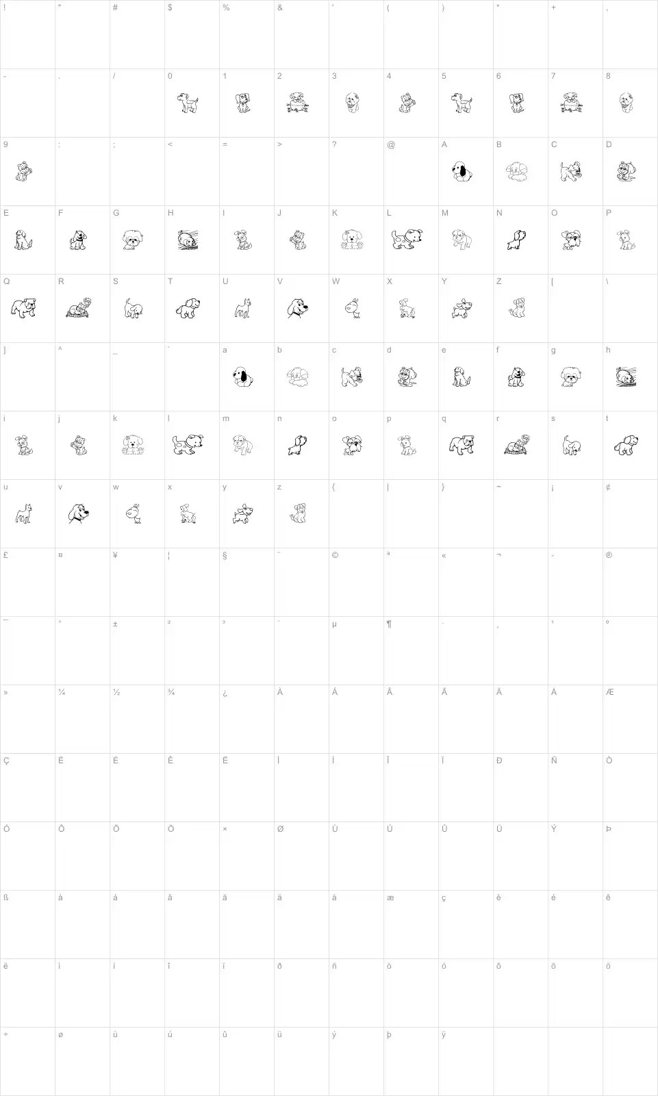 Mapa de caracteres da fonte Tender Puppies