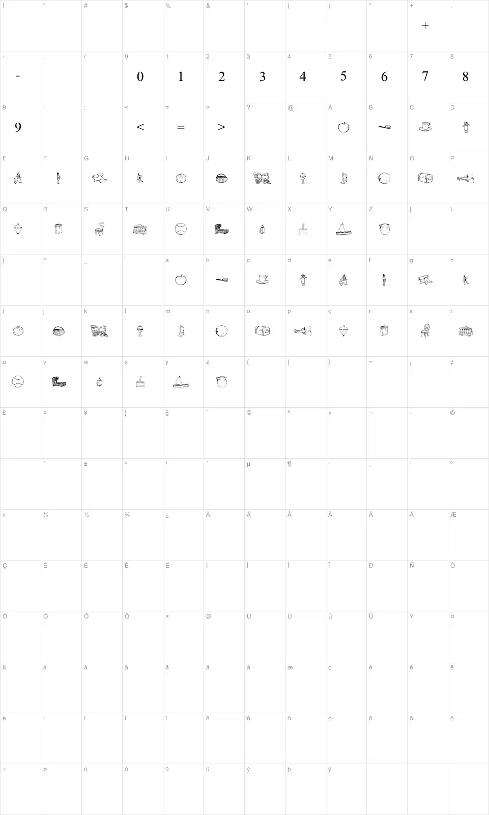 Mapa de caracteres da fonte Textbook Math