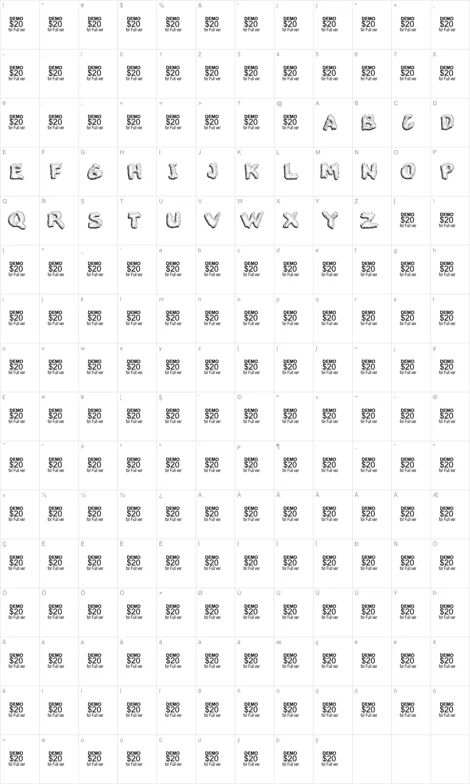 Mapa de caracteres da fonte The Blob