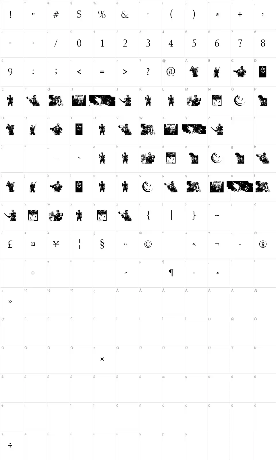 Mapa de caracteres da fonte The Comedian Dingbats