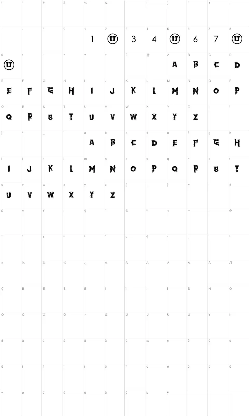 Mapa de caracteres da fonte The Dark