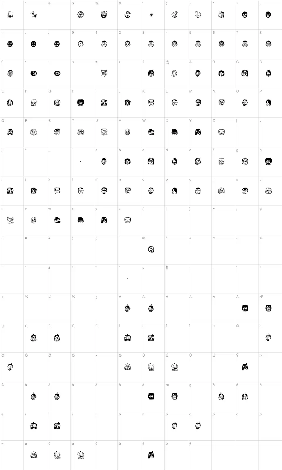 Mapa de caracteres da fonte The Freaky Face