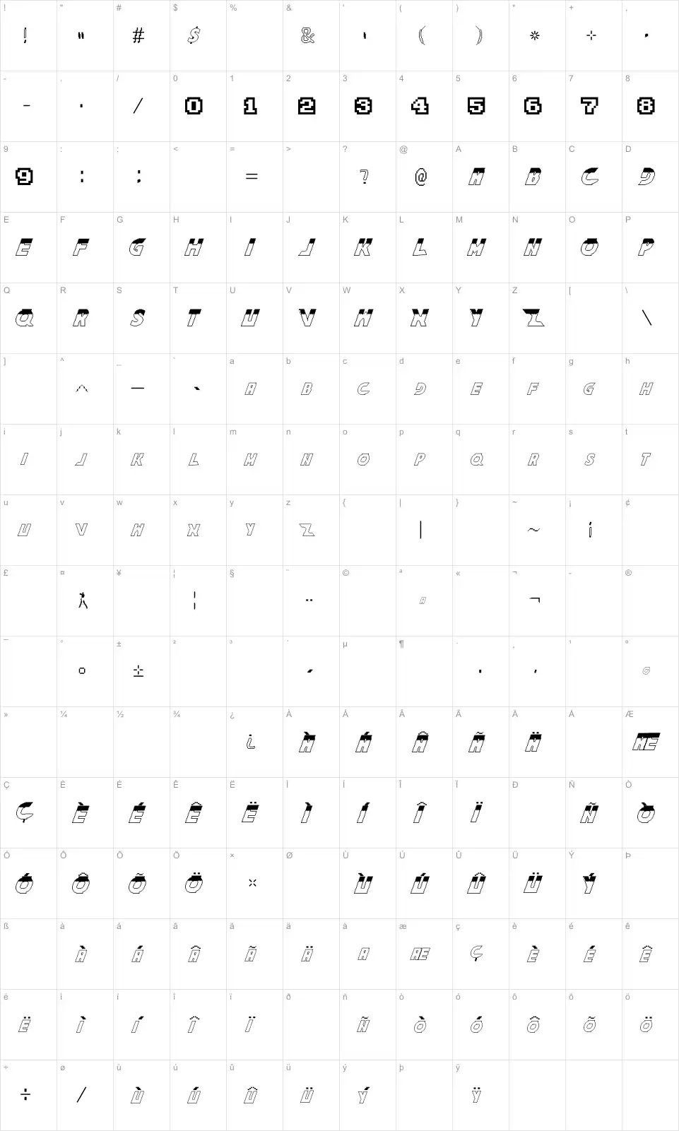 Mapa de caracteres da fonte The King Of Fighters Family