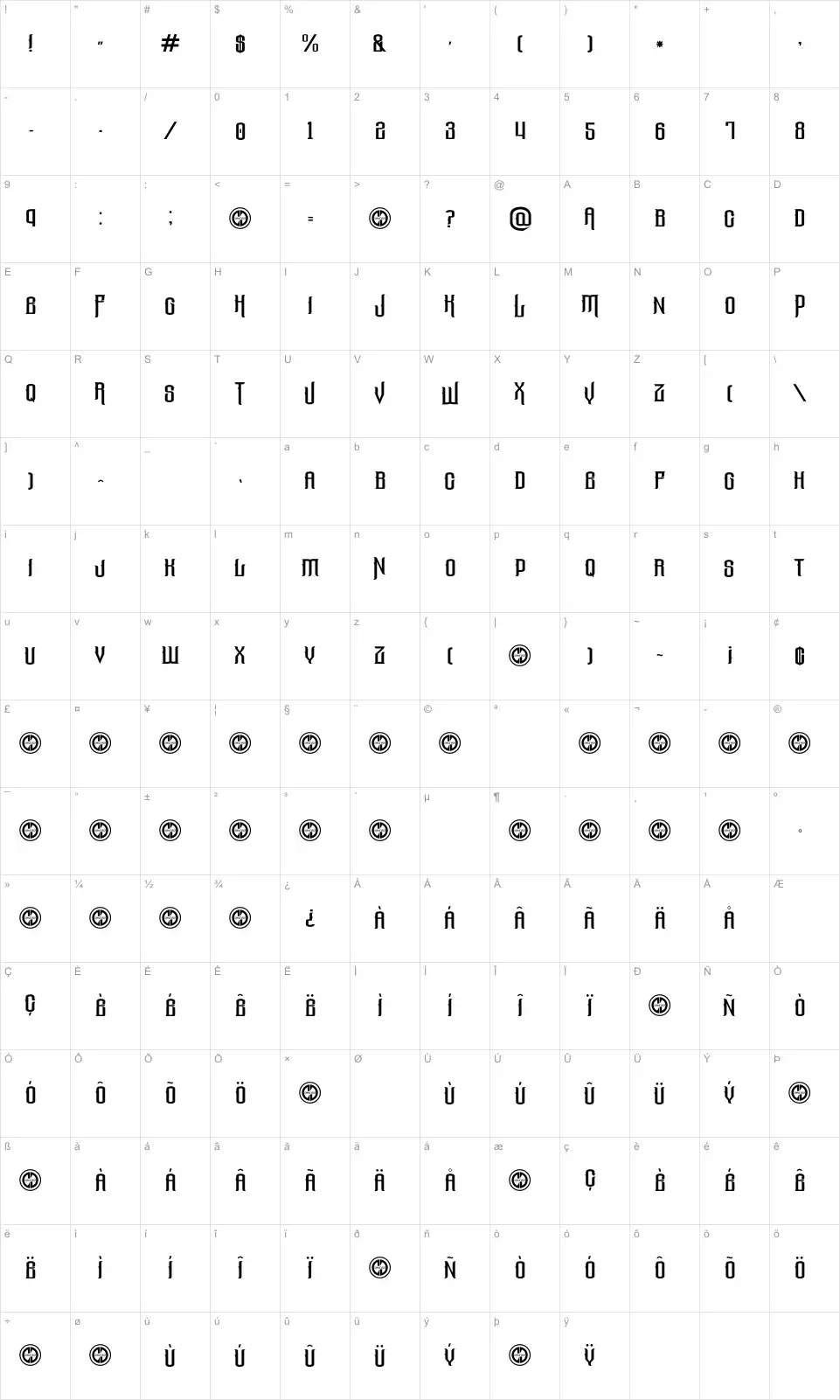 Mapa de caracteres da fonte The Lost Canyon