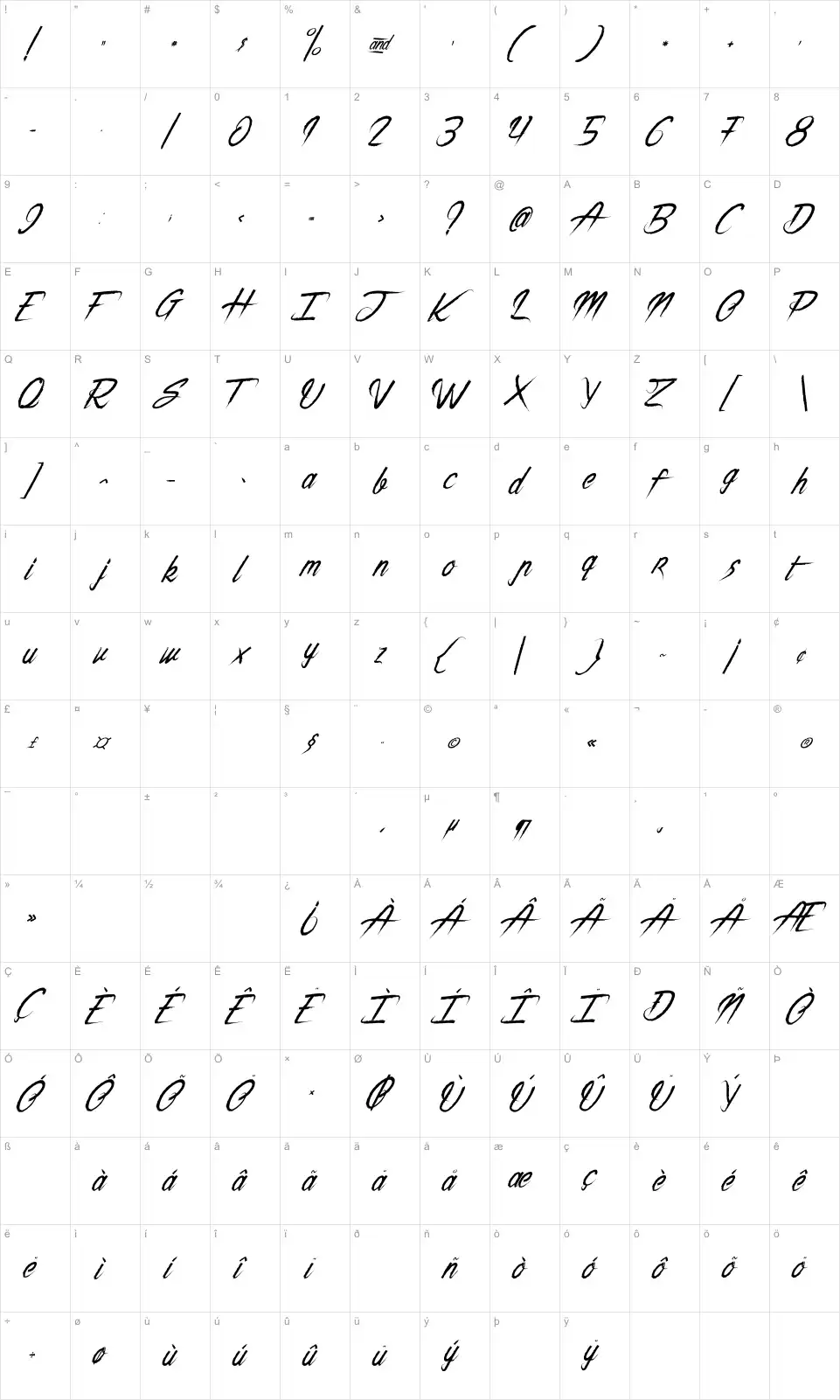 Mapa de caracteres da fonte The Night Creatures