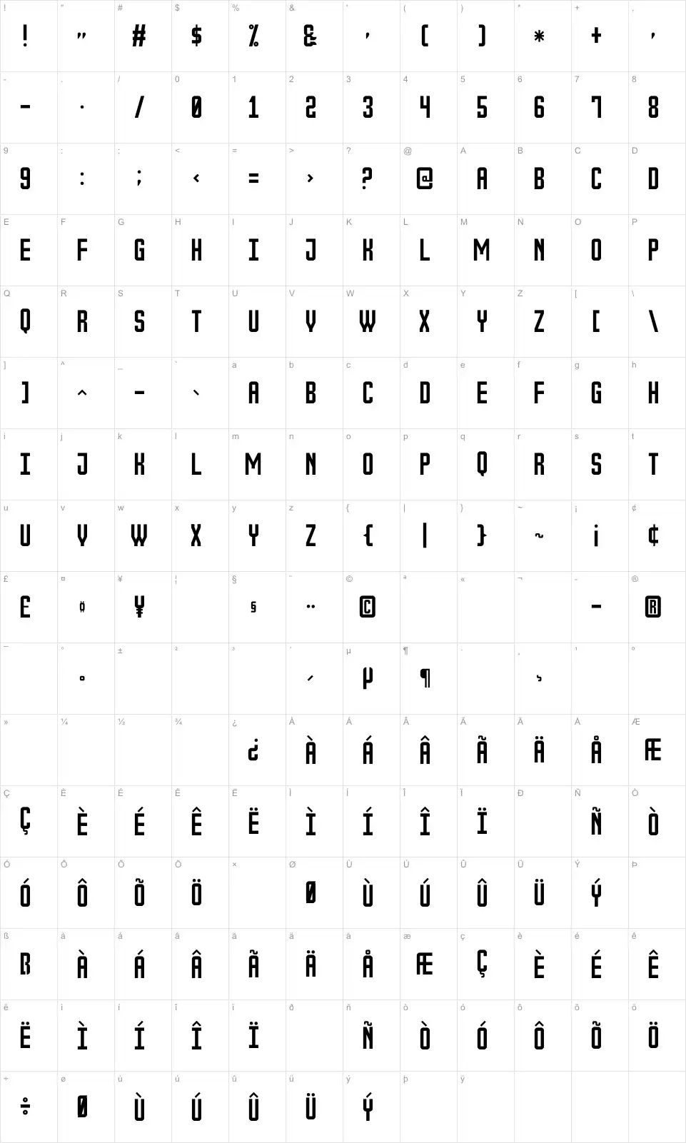 Mapa de caracteres da fonte The Outbox St