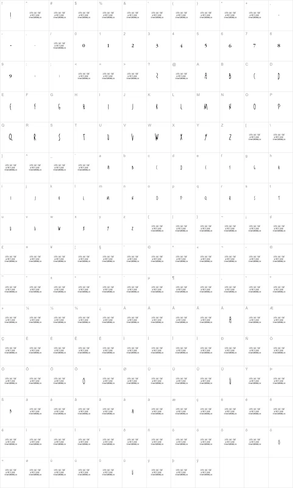 Mapa de caracteres da fonte The Sixth Sense