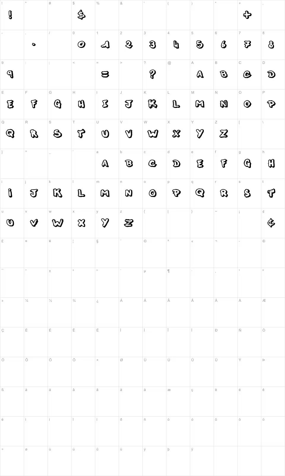 Mapa de caracteres da fonte This Night