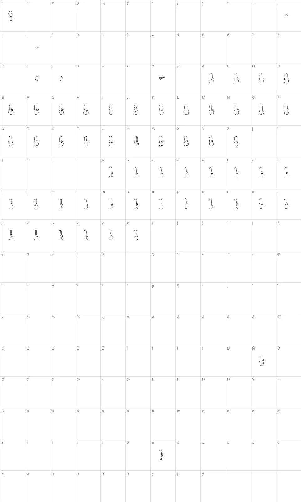 Mapa de caracteres da fonte Throw-up Font