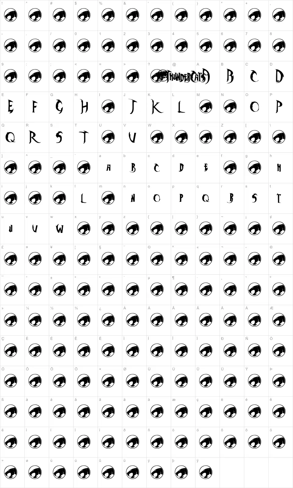 Mapa de caracteres da fonte ThunderCats + ThunderCaps
