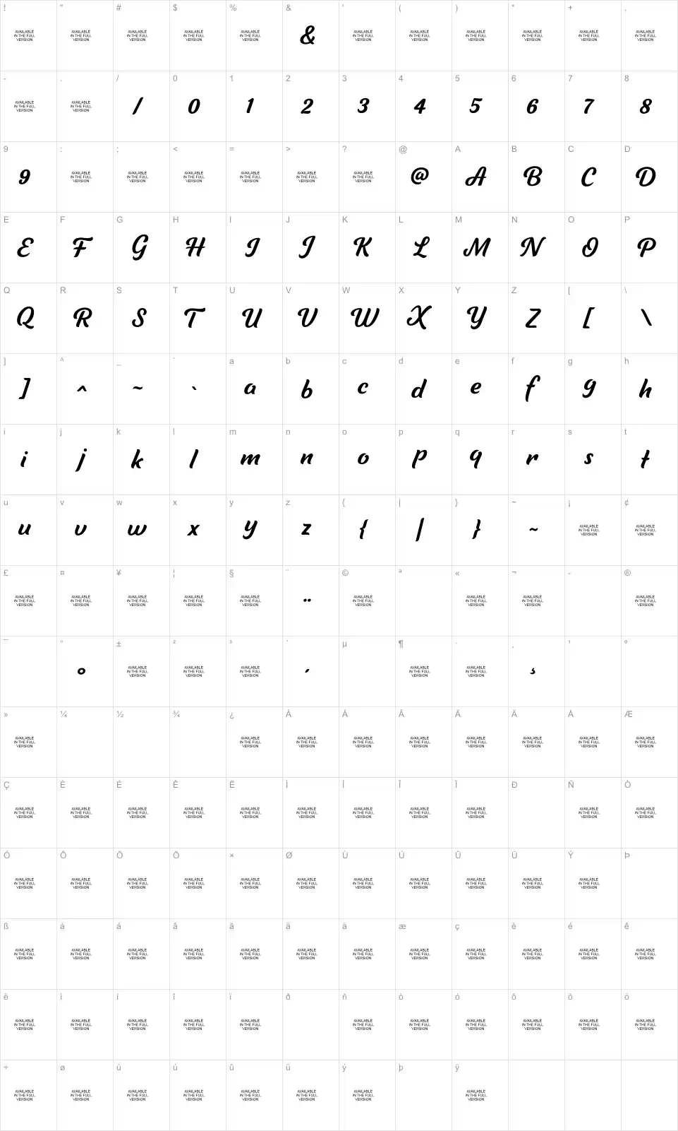 Mapa de caracteres da fonte Tilda Script