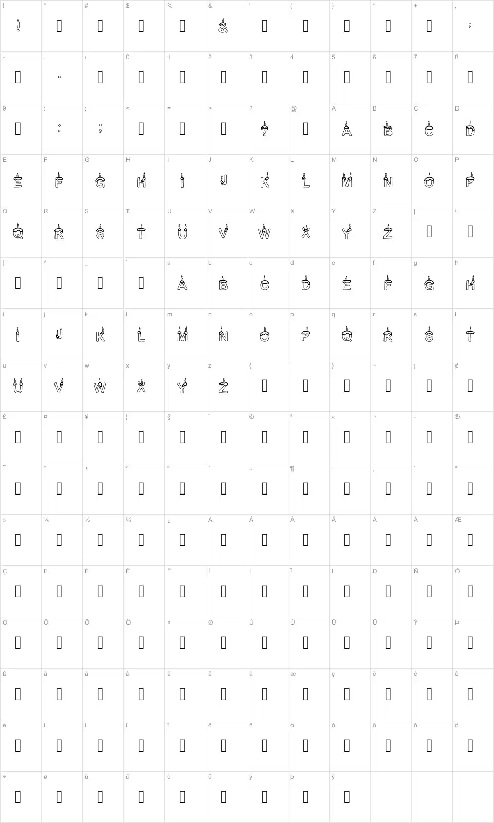 Mapa de caracteres da fonte Time To Party