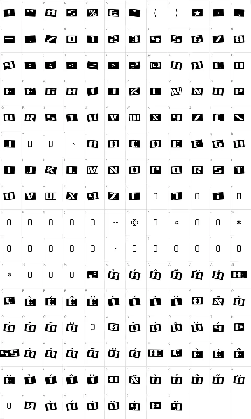 Mapa de caracteres da fonte Tinsnips
