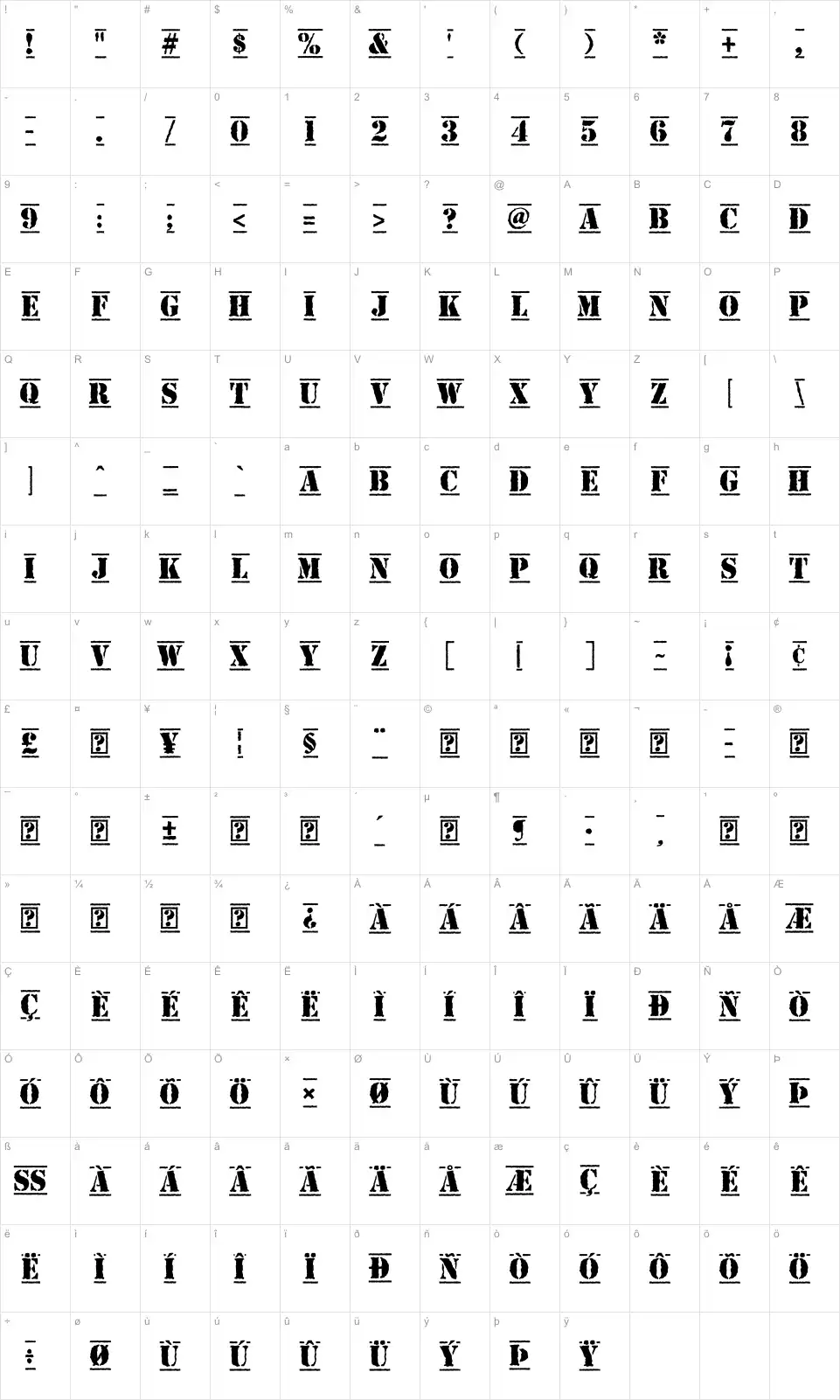 Mapa de caracteres da fonte Top Secret Bold