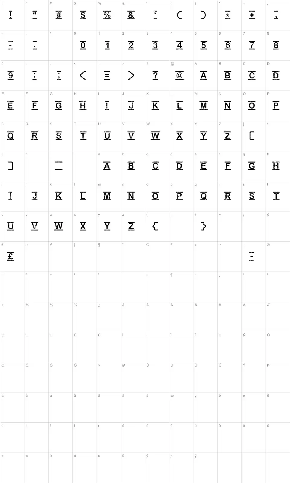 Mapa de caracteres da fonte Top Secret