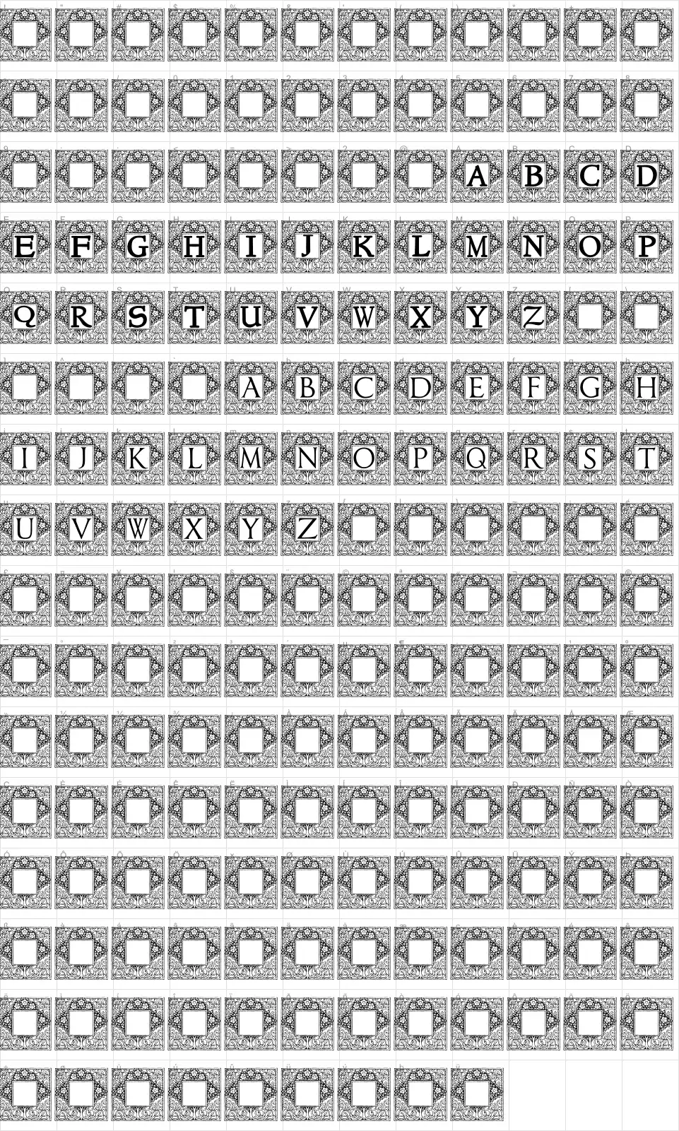 Mapa de caracteres da fonte Topiary Initials