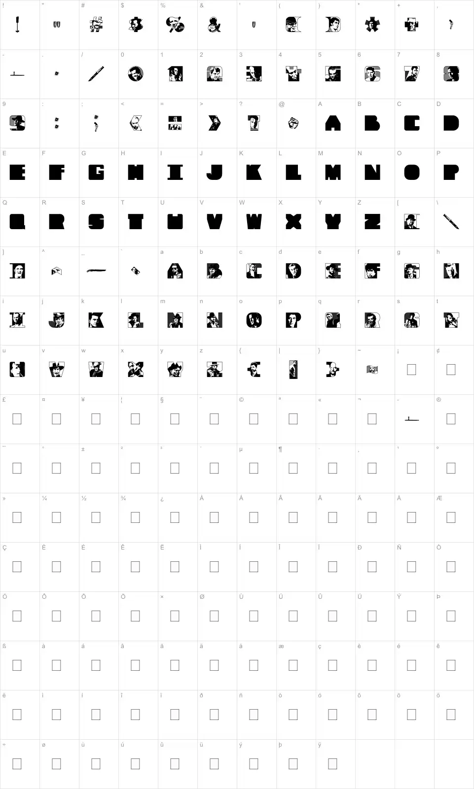 Mapa de caracteres da fonte Tough Guyz