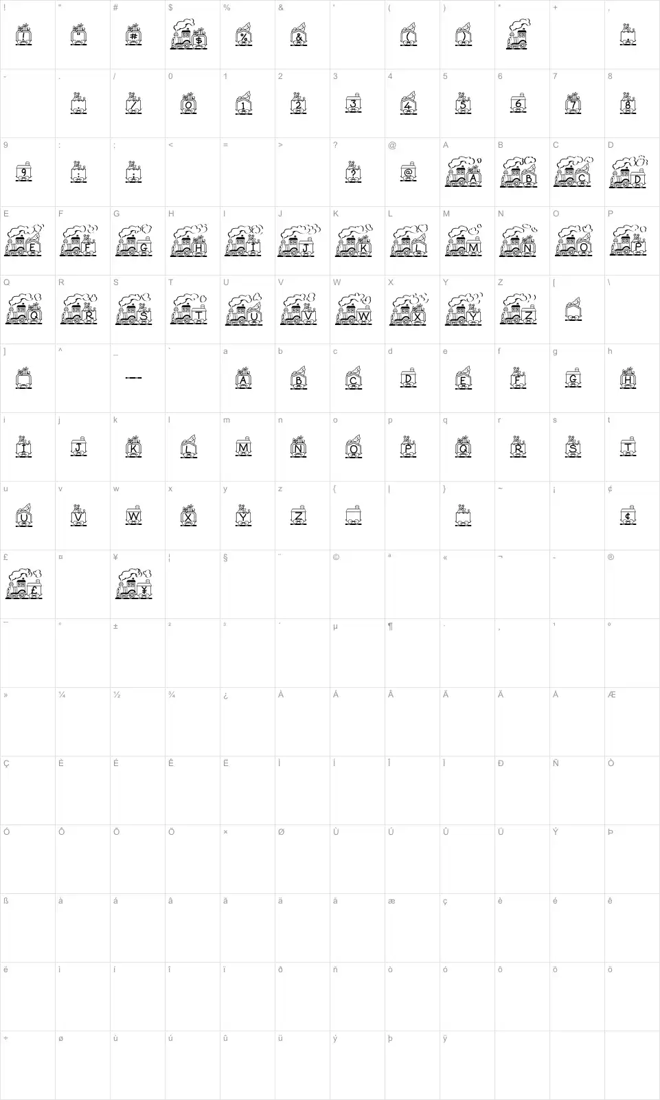 Mapa de caracteres da fonte Toy Train