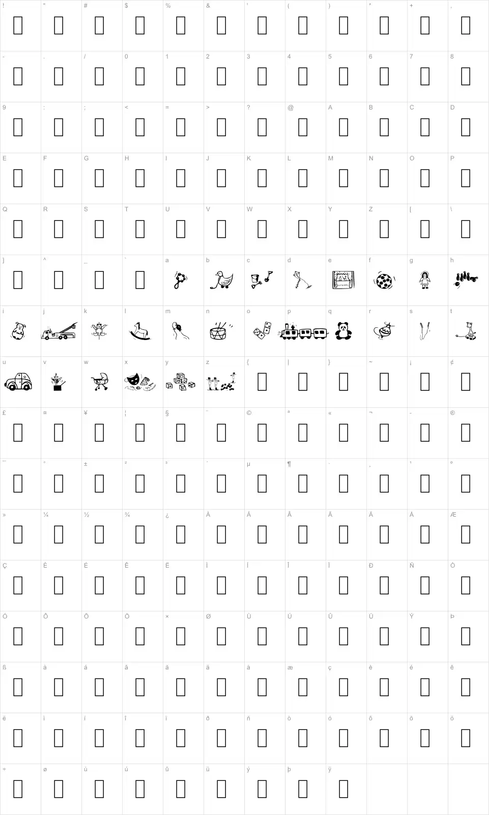 Mapa de caracteres da fonte Toys'4U