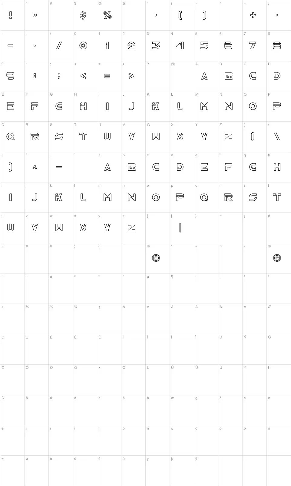 Mapa de caracteres da fonte TR2N