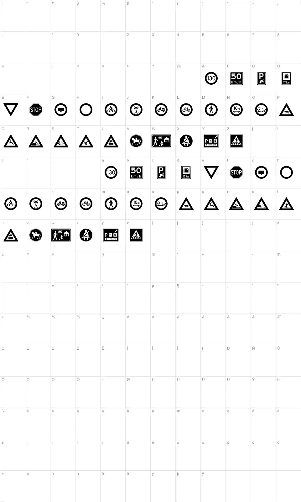 Mapa de caracteres da fonte Traffic Signs TFB