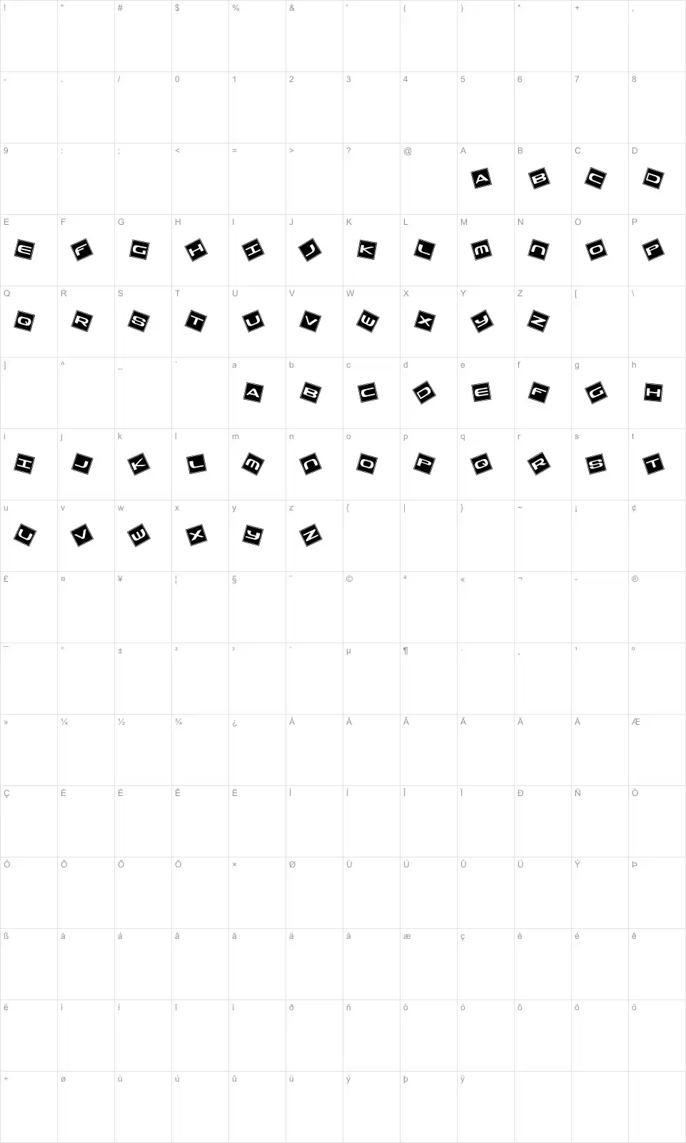 Mapa de caracteres da fonte Trash Boxes