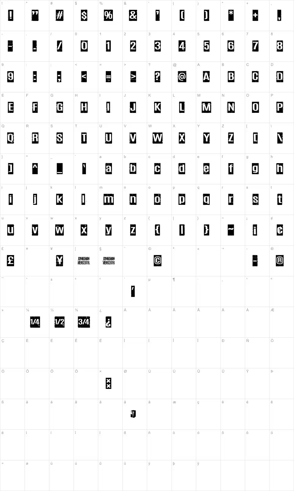Mapa de caracteres da fonte Trashbox