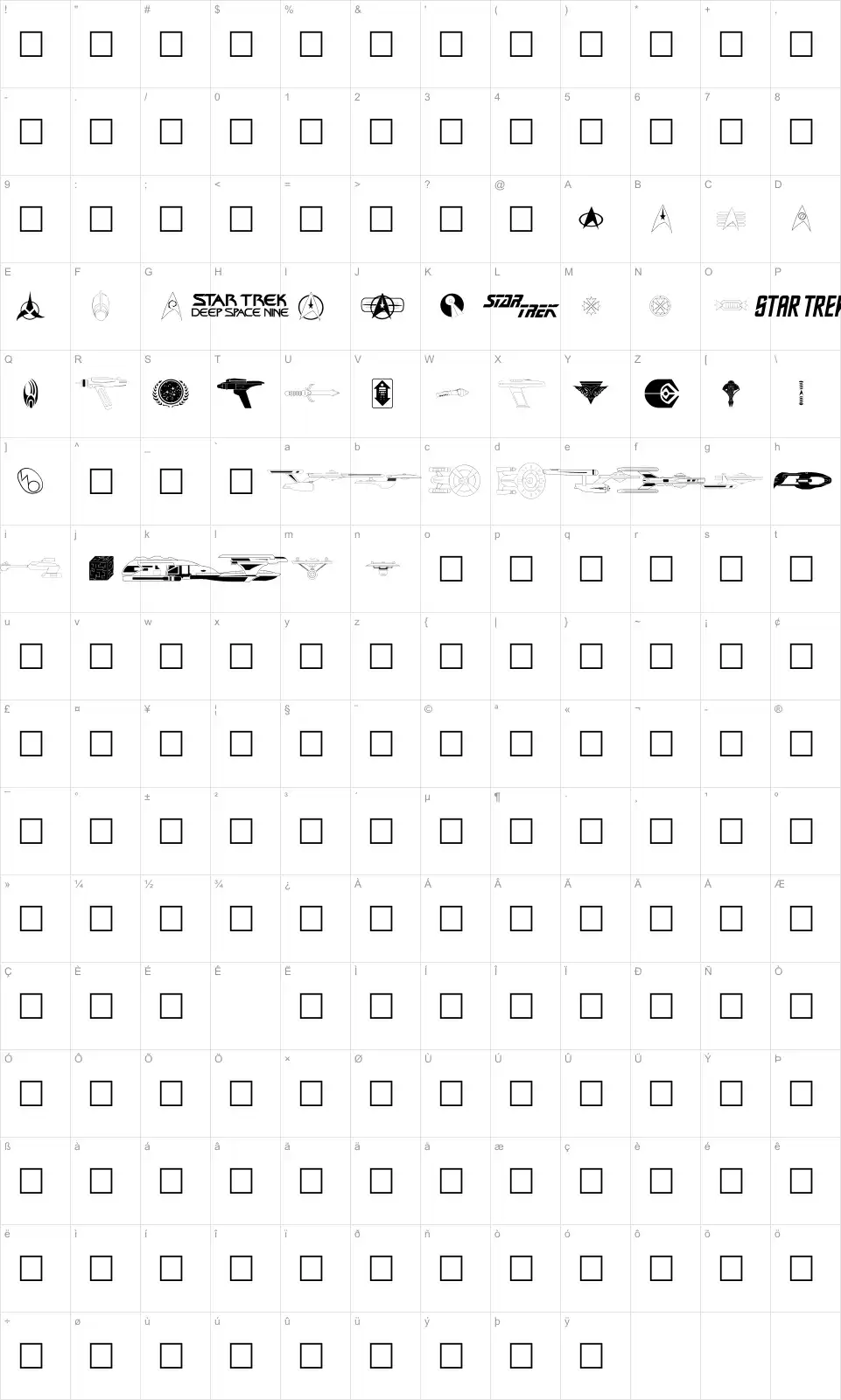 Mapa de caracteres da fonte Trekbats