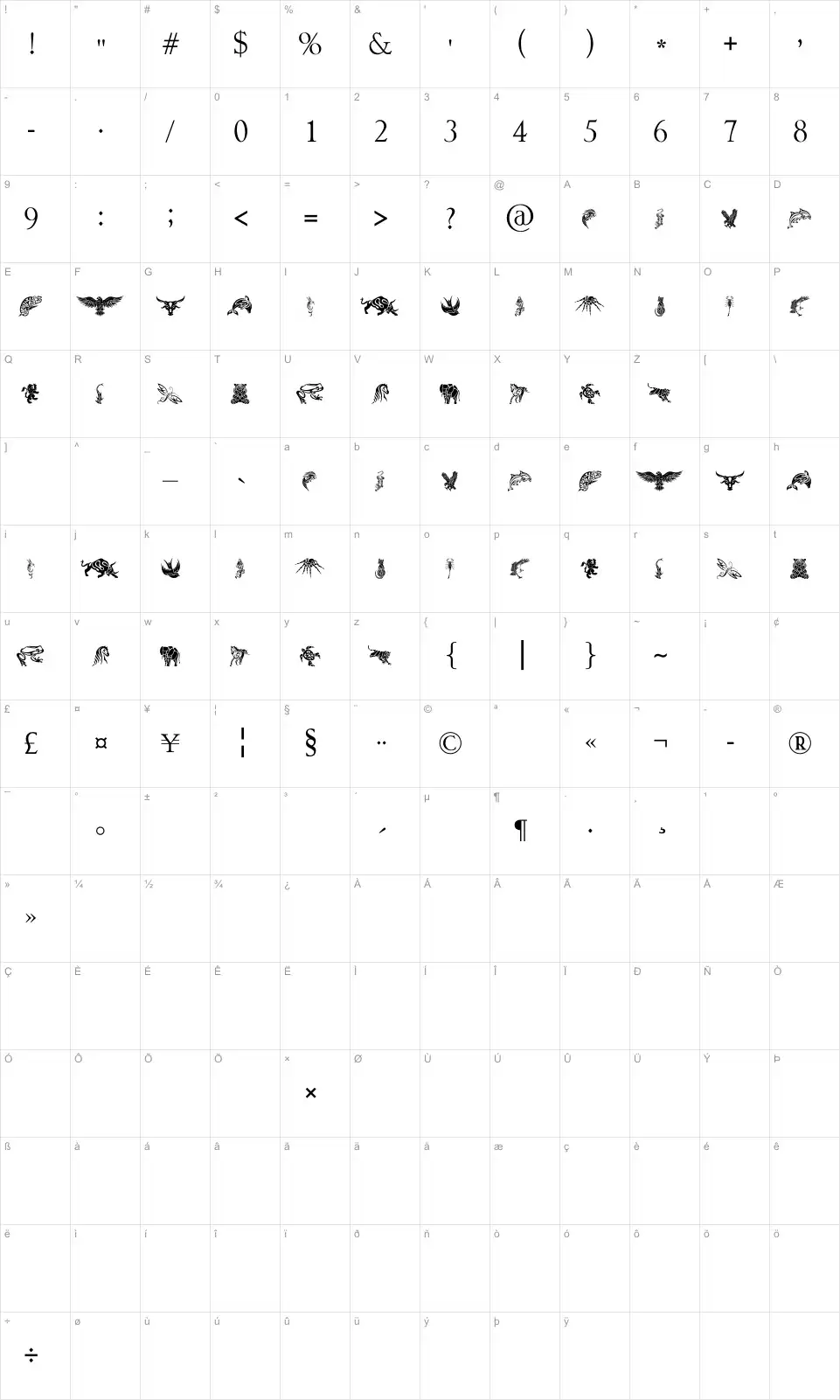 Mapa de caracteres da fonte Tribal Animals Tattoo Designs