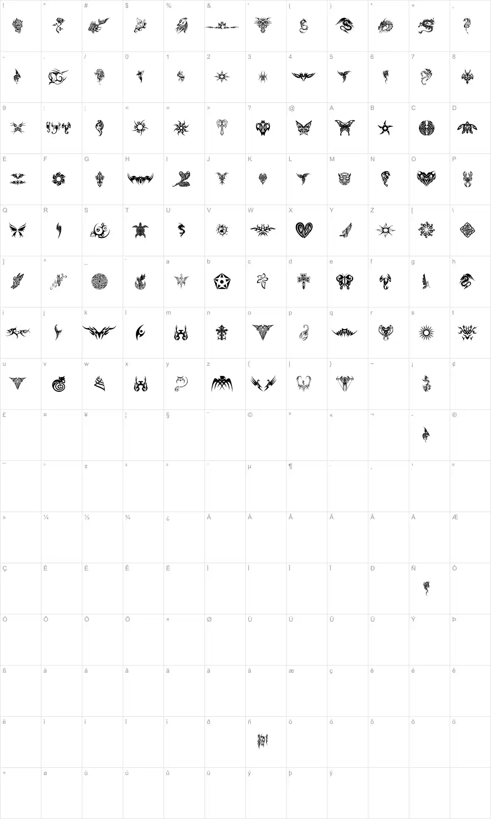 Mapa de caracteres da fonte Tribal Tattoo