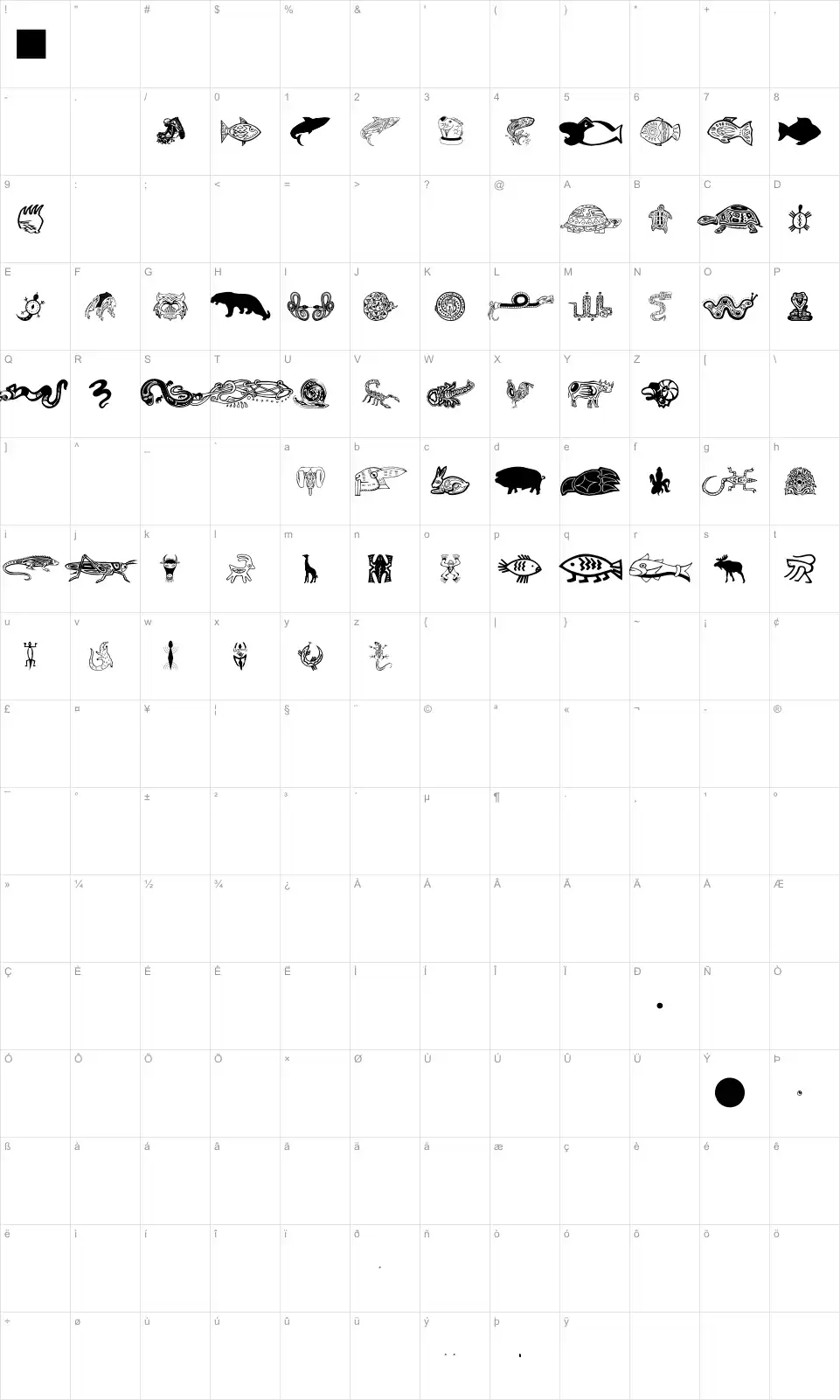 Mapa de caracteres da fonte Tribalistica Figures