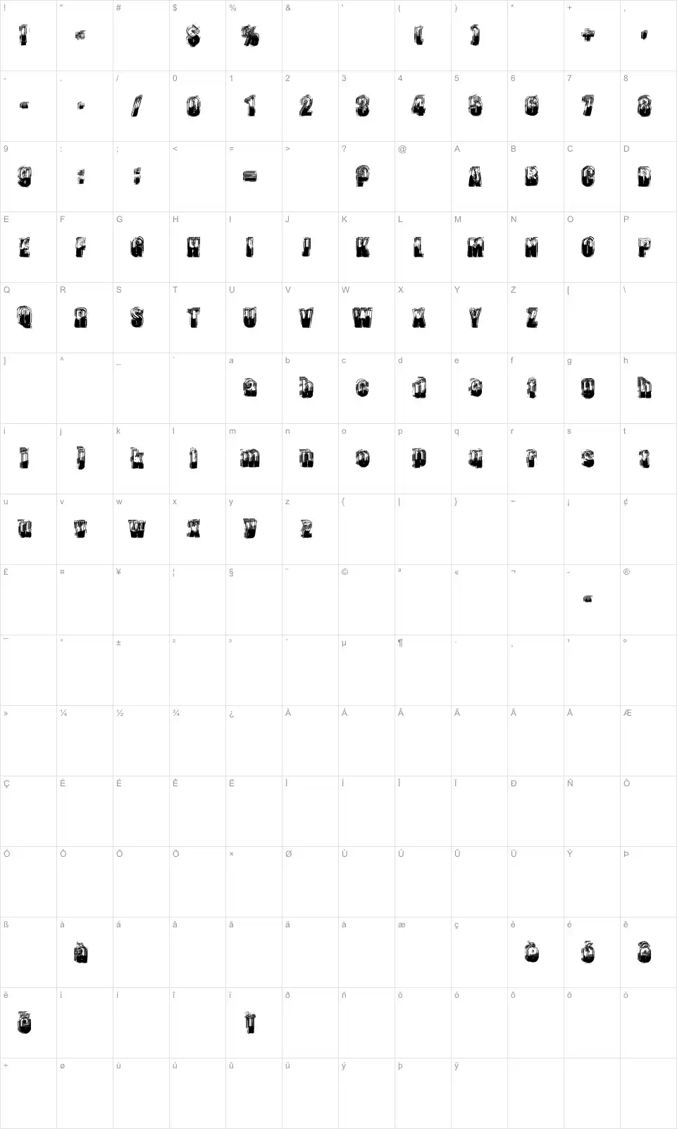 Mapa de caracteres da fonte Trop Flou