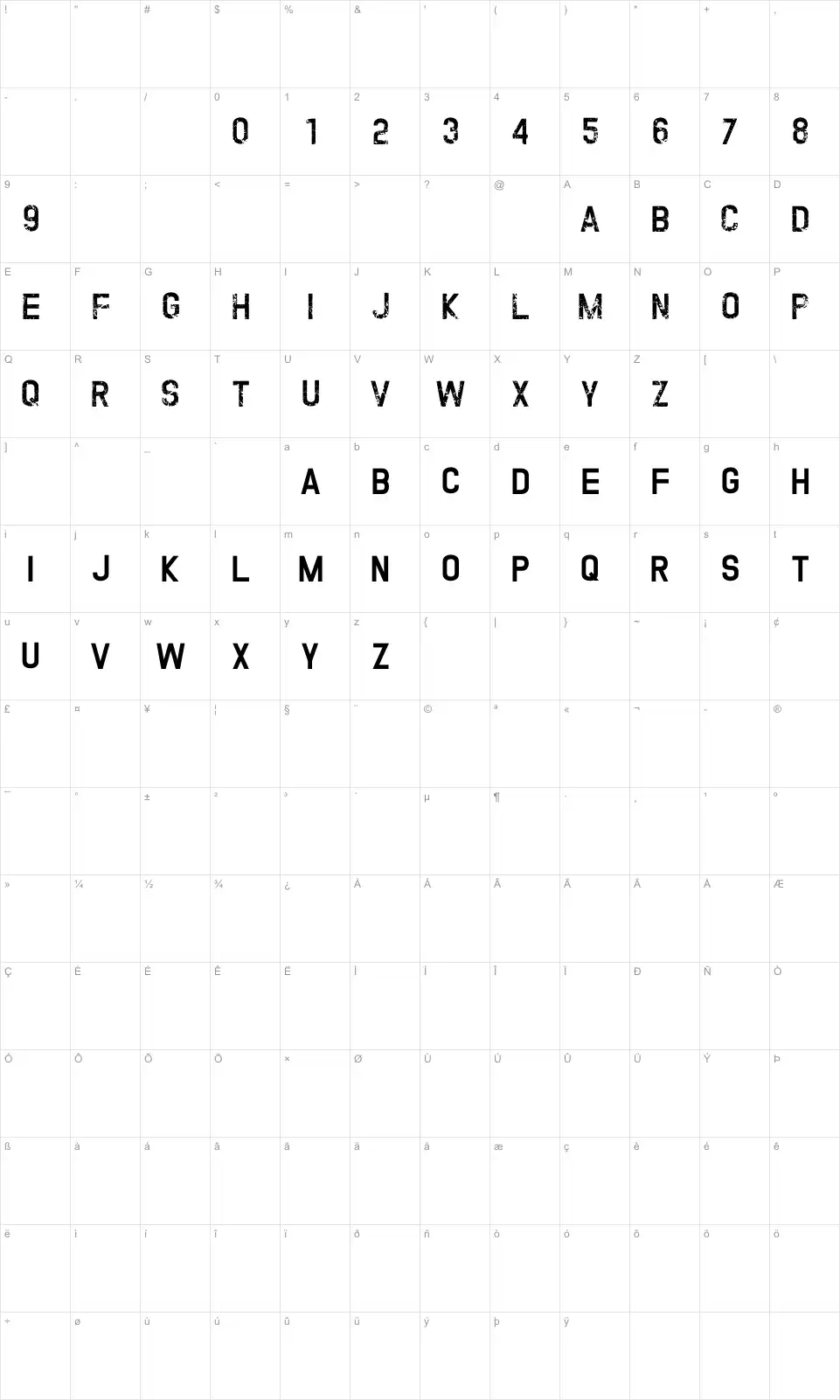 Mapa de caracteres da fonte Twofold Uncomplete Design