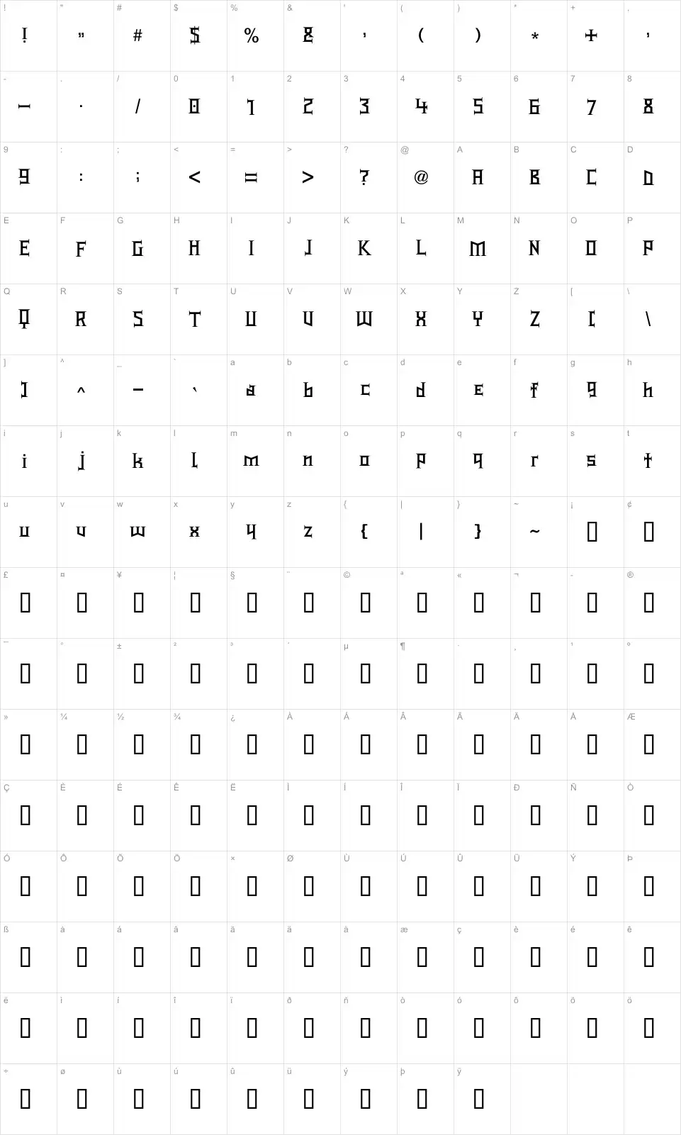 Mapa de caracteres da fonte Type Knight