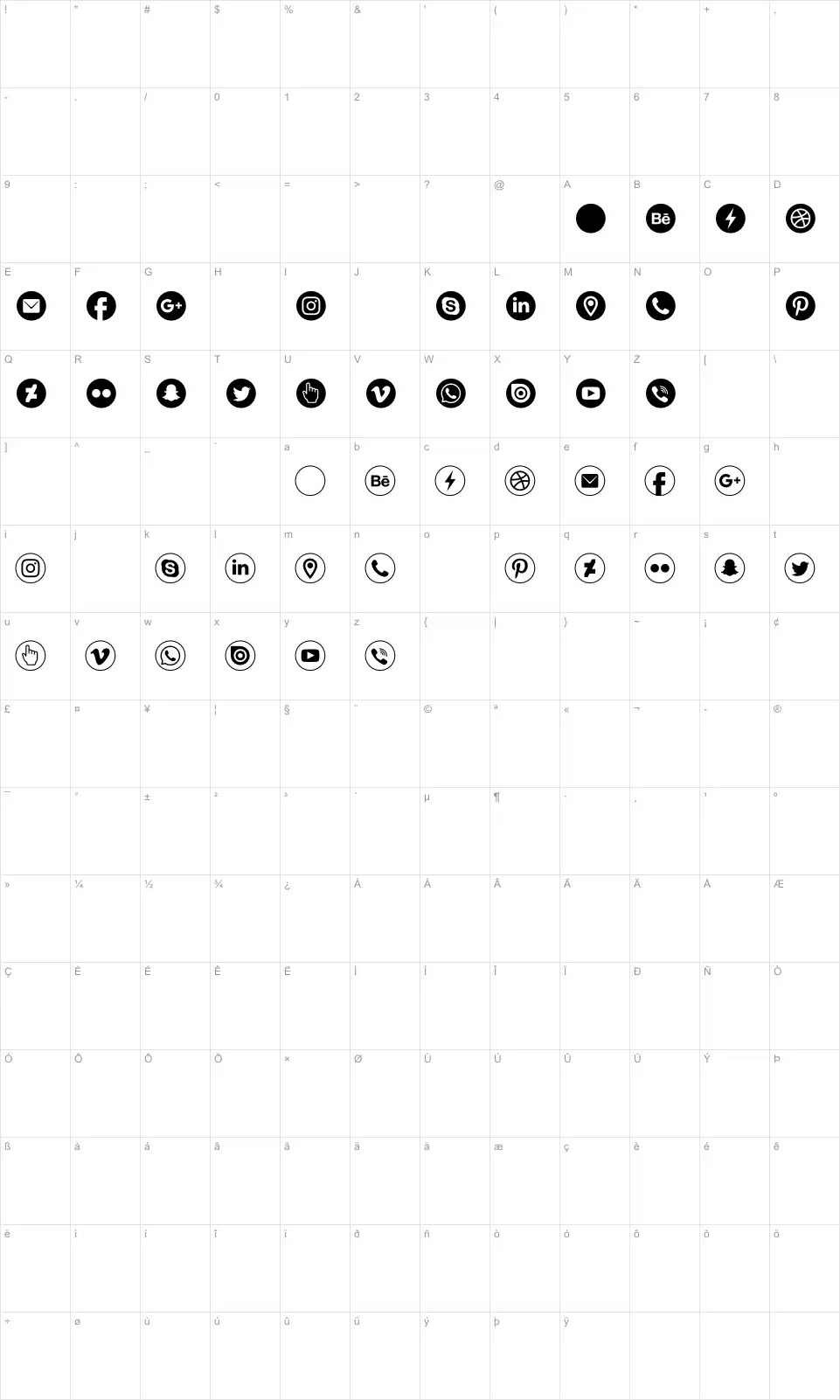 Mapa de caracteres da fonte Typeecon
