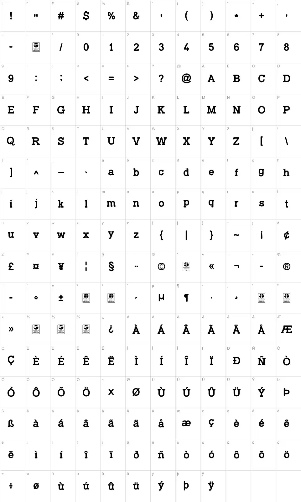 Mapa de caracteres da fonte Typo Slab Irregular